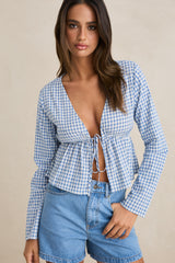 LOLA CHECK TIE FRONT LONG SLEEVE TOP - BLUE