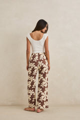 MELIA FLORAL WIDE LEG PANT - CHOCOLATE