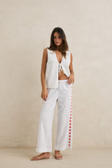 MELIA FLORAL EMBROIDERED BEACH PANT - WHITE