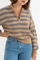 ESTELLE QUARTER ZIP STRIPED KNIT - COBALT