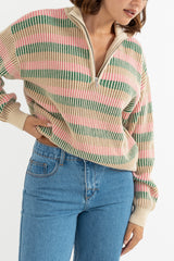 ESTELLE QUARTER ZIP STRIPED KNIT - GUAVA