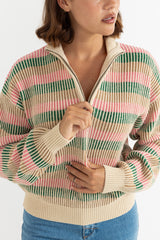 ESTELLE QUARTER ZIP STRIPED KNIT - GUAVA