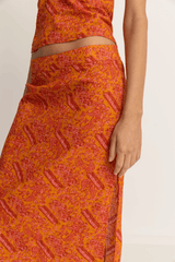 Adia Paisley Low Rise Midi Skirt - Orange