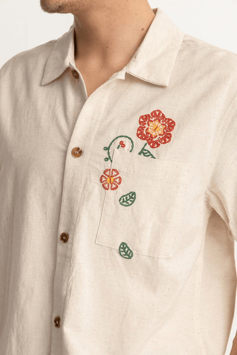 Flower Embroidery SS Shirt - Natural