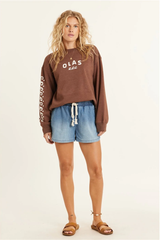 LUCIA LS FLEECE CREW - ESPRESSO BROWN