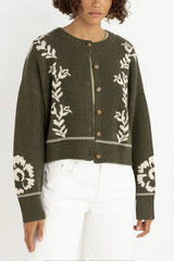ANTIQUE FLORAL CROP CARDIGAN - OLIVE