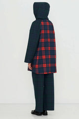 CHECK HOOD TRENCH COAT - LIGHT NAVY/DARK RED