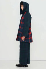 CHECK HOOD TRENCH COAT - LIGHT NAVY/DARK RED