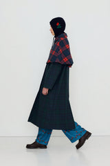 CHECK LONG TRENCH COAT - DEEP BLUE/DARK GREEN