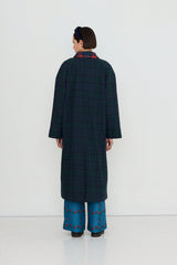 CHECK LONG TRENCH COAT - DEEP BLUE/DARK GREEN