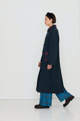 CHECK LONG TRENCH COAT - DEEP BLUE/DARK GREEN