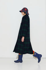 LONG CHECK COAT - NAVY