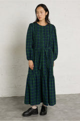 GREEN CHECK FRILLS DRESS - LIGHT NAVY
