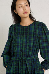 GREEN CHECK FRILLS DRESS - LIGHT NAVY
