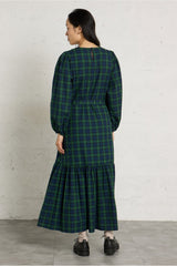 GREEN CHECK FRILLS DRESS - LIGHT NAVY