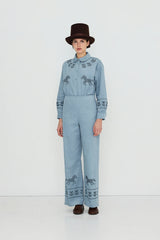 CORDUROY HORSES & FLOWERS WIDE PANTS - DENIM BLUE