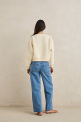 PALM SLOUCHY CREW NECK FLEECE - CREAM