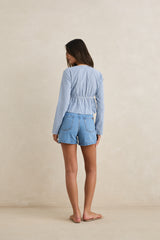 LOLA CHECK TIE FRONT LONG SLEEVE TOP - BLUE