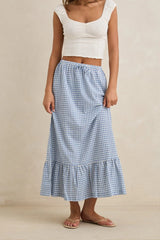 LOLA CHECK TIERED MAXI SKIRT - BLUE
