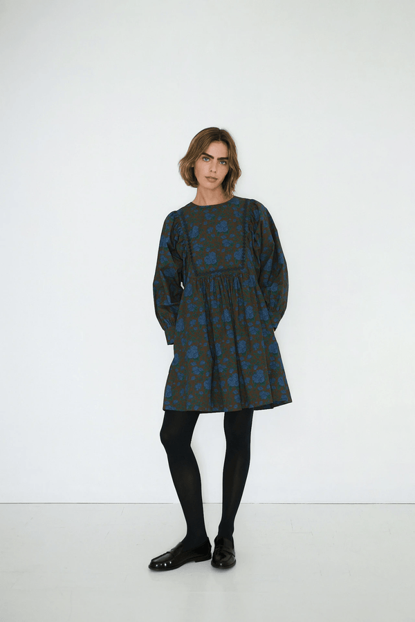 ROSES VOLUMINOUS SLEEVE MINI DRESS - DARK BROWN
