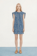 LACE DENIM DRESS - MEDIUM WASH DENIM