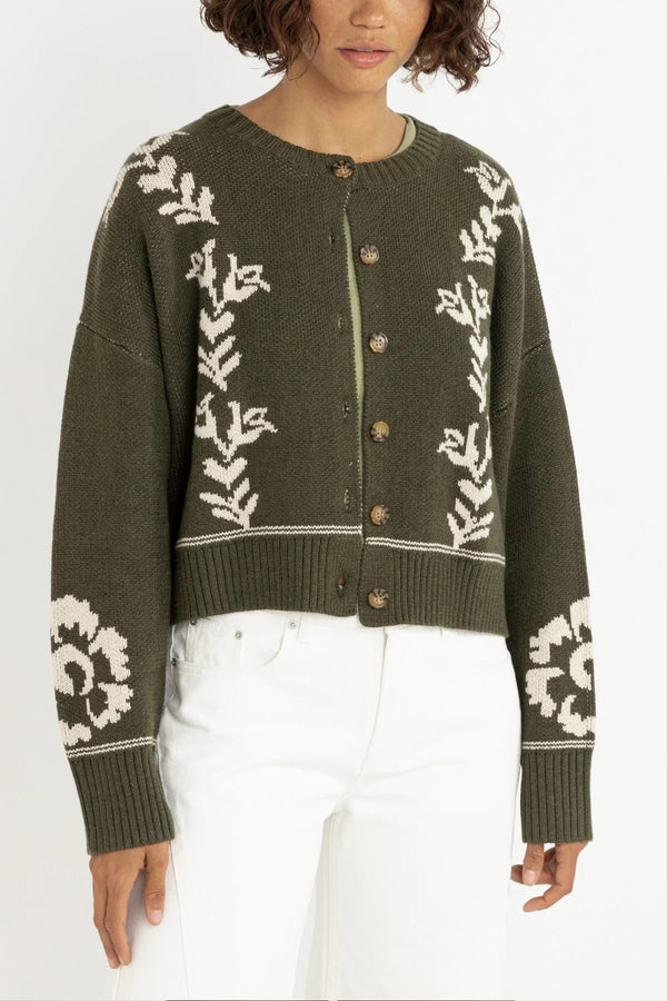 ANTIQUE FLORAL CROP CARDIGAN - OLIVE