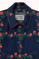 ROSES GRID EMBROIDERY DENIM JACKET - DARK WASH DENIM