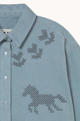 CORDUROY HORSES & FLOWERS RELAXED SHIRT - DENIM BLUE