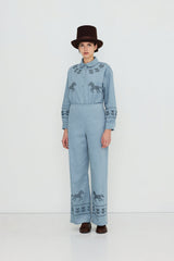 CORDUROY HORSES & FLOWERS RELAXED SHIRT - DENIM BLUE