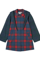 CHECK HOOD TRENCH COAT - LIGHT NAVY/DARK RED