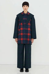 CHECK HOOD TRENCH COAT - LIGHT NAVY/DARK RED