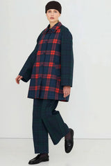 CHECK HOOD TRENCH COAT - LIGHT NAVY/DARK RED