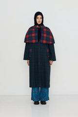 CHECK LONG TRENCH COAT - DEEP BLUE/DARK GREEN