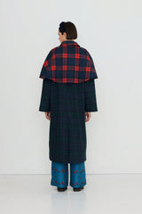 CHECK LONG TRENCH COAT - DEEP BLUE/DARK GREEN