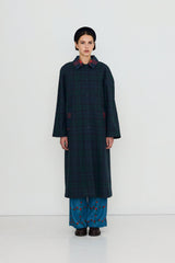 CHECK LONG TRENCH COAT - DEEP BLUE/DARK GREEN