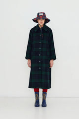 LONG CHECK COAT - NAVY