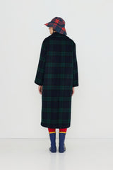 LONG CHECK COAT - NAVY