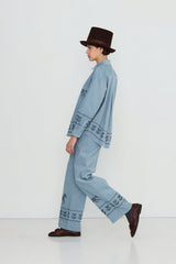 CORDUROY HORSES & FLOWERS WIDE PANTS - DENIM BLUE