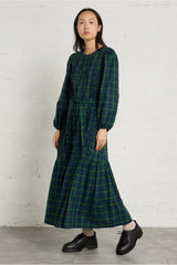 GREEN CHECK FRILLS DRESS - LIGHT NAVY