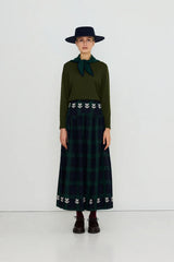 EMBROIDERED CHECK SKIRT - NAVY/DARK GREEN