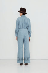 CORDUROY HORSES & FLOWERS WIDE PANTS - DENIM BLUE